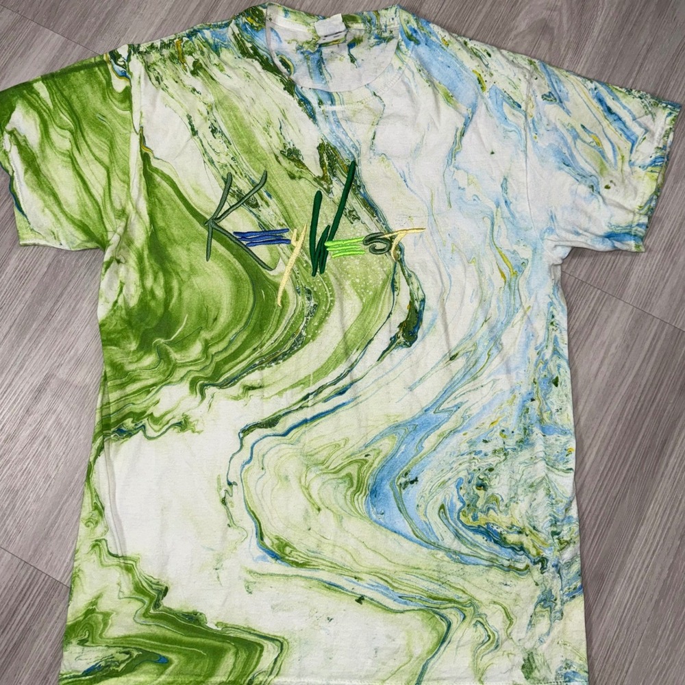 Colortone Key West Tie Dye Marble T-Shirt Mens Medium Green Blue Embroidered Tee - Picture 2 of 12
